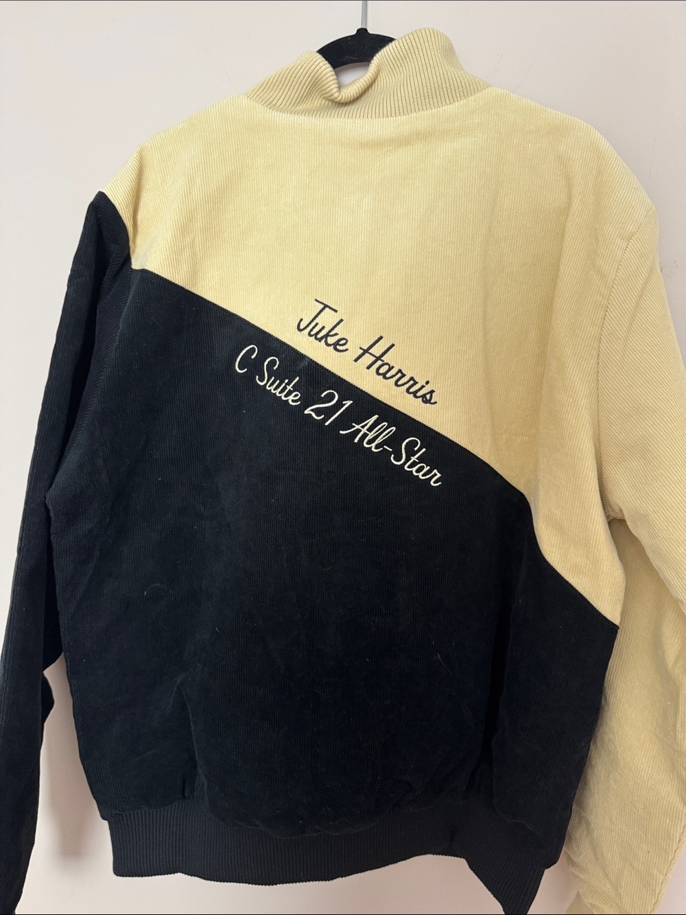 Two-Tone Black & Cream “Jake Harris” Corduroy Basketball Jacket.
